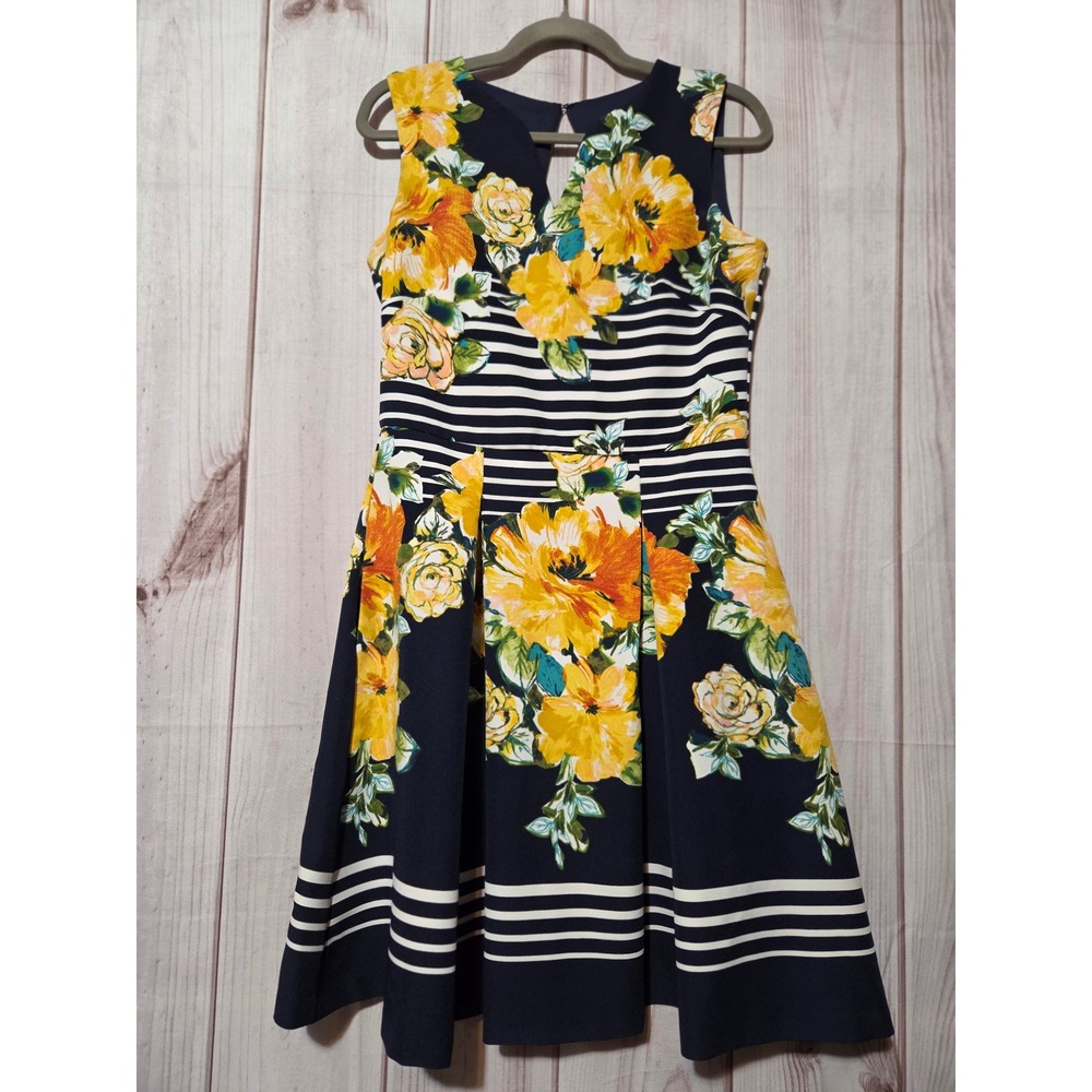 C&B Established 1962 Floral Stripe Fit Flare Dress Navy Yellow Size 6 Pockets